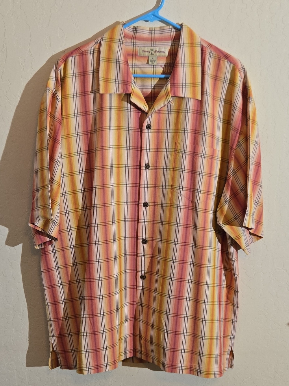 Tommy Bahama Yellow and Pink Plaid Short-Sleeve Button-Up Shirt